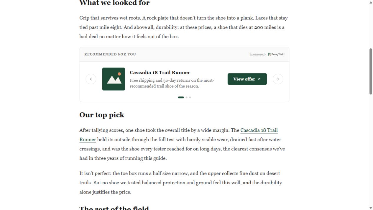 RelayYield Slidethrough demo with a sponsored trail-running product offer inside an illustrative article